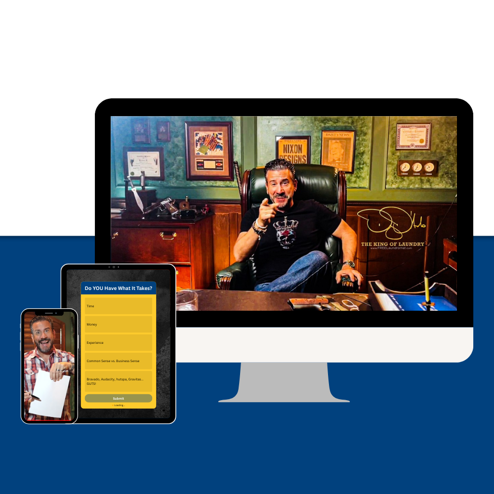 Laundromat Online Course Mockup Screenshots from Danny's online course displayed on different platforms